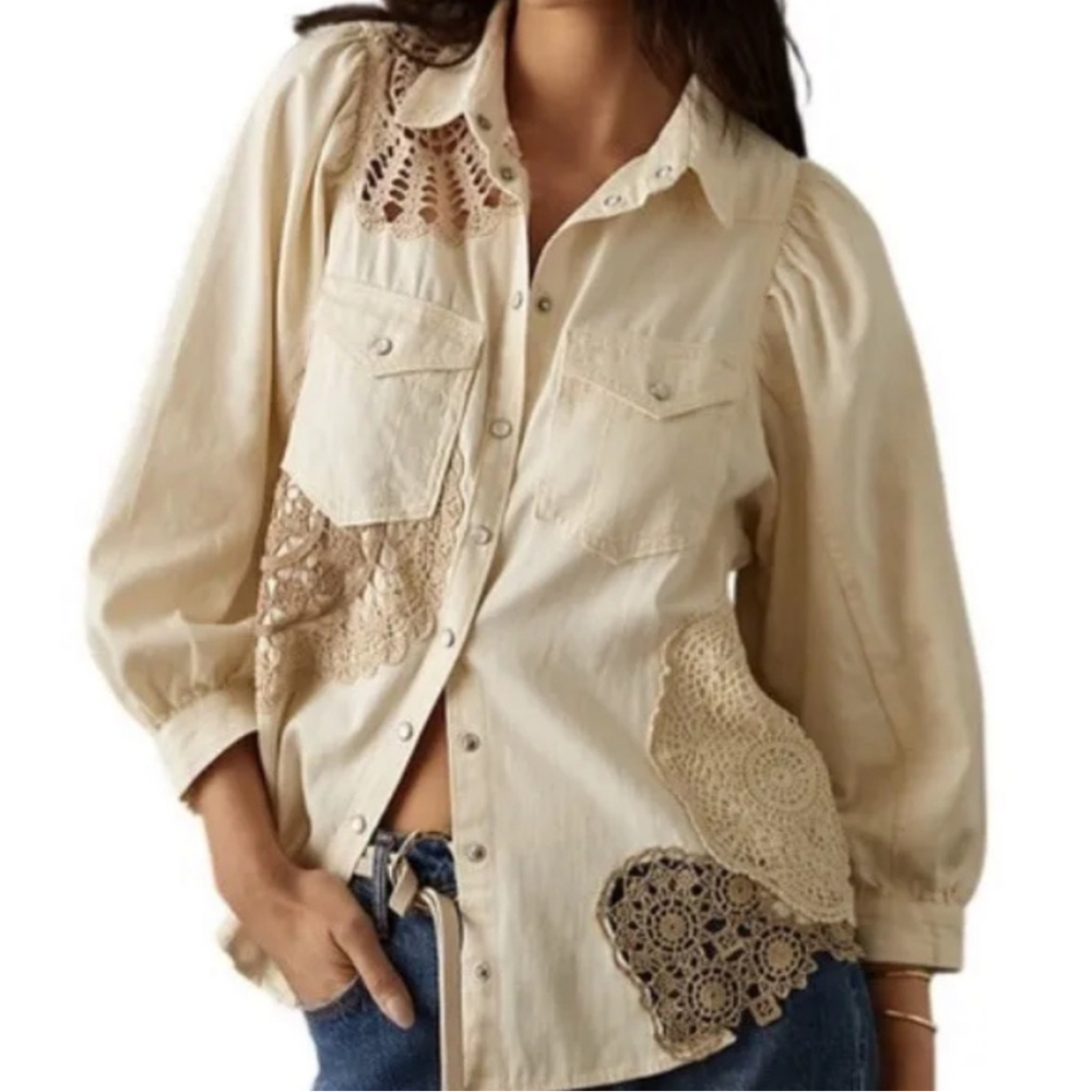 Anthro pilcro crochet light denim button down shirt jacket
